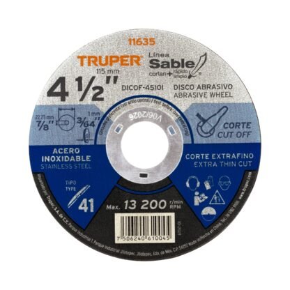 Disco Tipo 41 de 4-1/2' x 1 mm corte fino acero inox, Sable DICOF-4510I