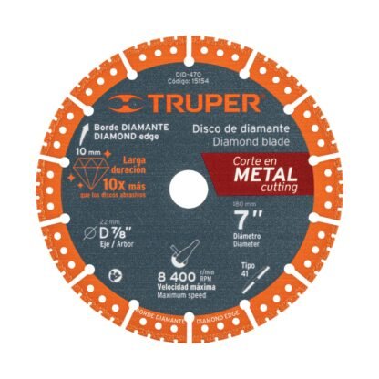 Disco de diamante de 7' x 1.6 mm para corte metal, Truper DID-470