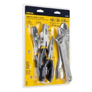 Juego de 4 pinzas y 1 llave ajustable mango de vinil, Pretul JGO-PIN5