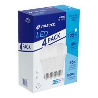 Pack de 4 lámparas de LED A19 18 W luz de día, caja, Volteck LED-125FX4