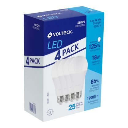 Pack de 4 lámparas de LED A19 18 W luz de día, caja, Volteck LED-125FX4