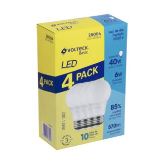 Pack de 4 lámparas de LED A19 6 W luz de día, caja, Volteck LED-40FBX4