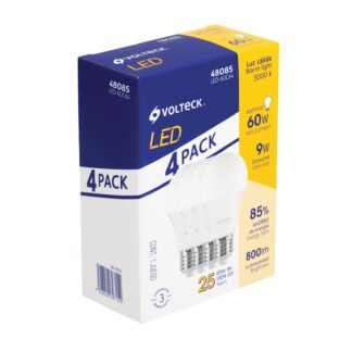 Pack de 4 lámparas de LED, A19, 9 W, luz cálida, Volteck LED-60CX4