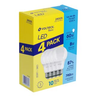 Pack de 4 lámparas de LED A19 8 W luz de día, caja, Volteck LED-60FBX4