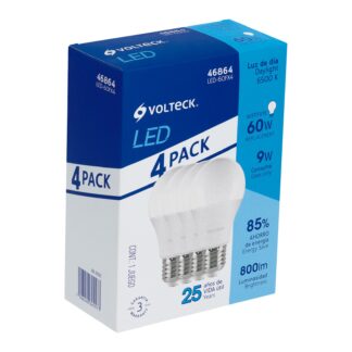 Pack de 4 lámparas de LED A19 9 W luz de día, caja, Volteck LED-60FX4