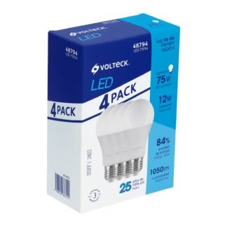 Pack de 4 lámparas de LED A19 12 W luz de día, caja, Volteck LED-75FX4