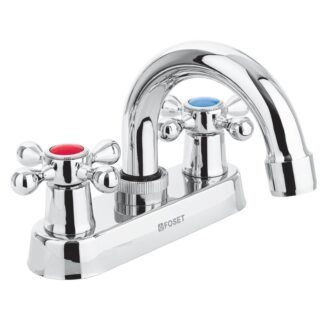 Mezcladora 4' para lavabo, cuello curvo, manerales cruceta M-050E