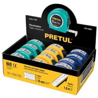 Flexómetro 5 m cinta 19 mm, display box con 12 pzas, Pretul PRO-5MEC
