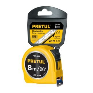 Flexómetro amarillo 8 m cinta 25 mm, en tarjeta, Pretul PRO-8ME