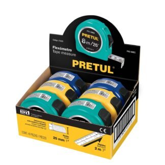 Flexómetro 8 m cinta 25 mm, display box con 6 pzas, Pretul PRO-8MEC