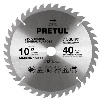 Disco sierra 10' para madera, 40 dientes centro 1', Pretul ST-1040EP